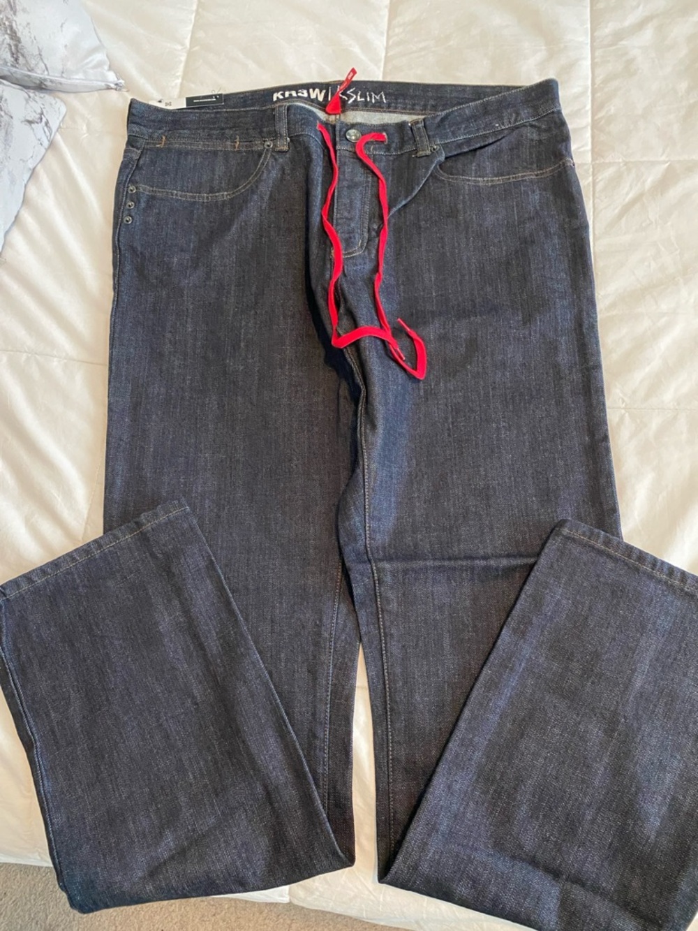 KR3W Slim Dark Indigo Jeans with Red Drawstring
